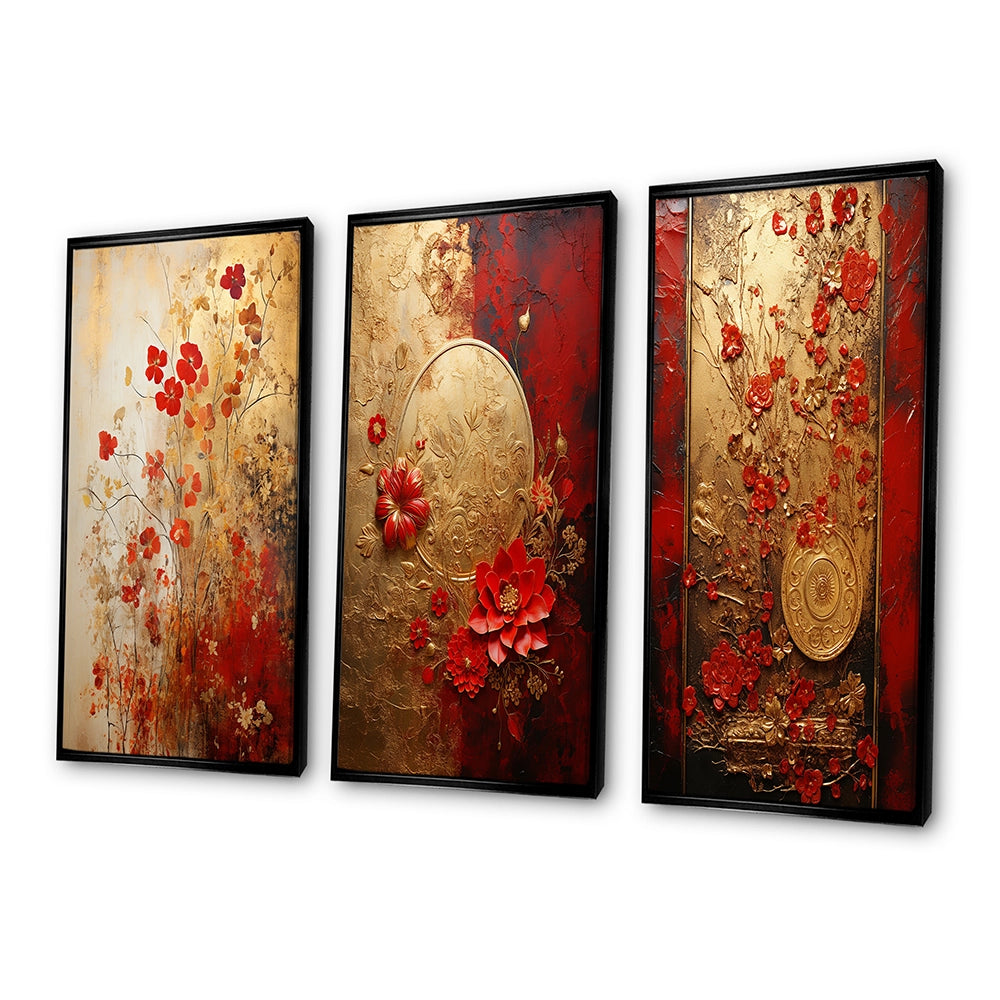 Modern Wall Art Canvas Set - God And Red Floral Japanese Tiles I - 3 Pieces