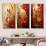 Modern Wall Art Canvas Set - God And Red Floral Japanese Tiles I - 3 Pieces