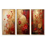 Modern Wall Art Canvas Set - God And Red Floral Japanese Tiles I - 3 Pieces