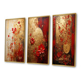 Modern Wall Art Canvas Set - God And Red Floral Japanese Tiles I - 3 Pieces