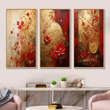 Modern Wall Art Canvas Set - God And Red Floral Japanese Tiles I - 3 Pieces
