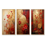 Modern Wall Art Canvas Set - God And Red Floral Japanese Tiles I - 3 Pieces