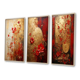 Modern Wall Art Canvas Set - God And Red Floral Japanese Tiles I - 3 Pieces
