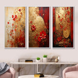 Modern Wall Art Canvas Set - God And Red Floral Japanese Tiles I - 3 Pieces