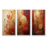 Modern Wall Art Canvas Set - God And Red Floral Japanese Tiles I - 3 Pieces