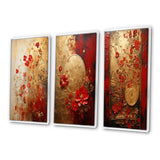 Modern Wall Art Canvas Set - God And Red Floral Japanese Tiles I - 3 Pieces