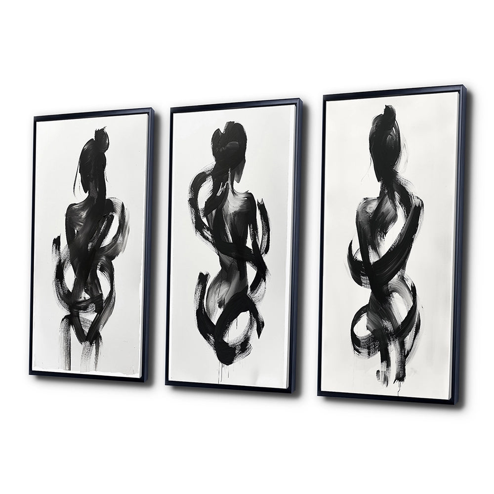 Modern Canvas Wall Art Set of 3 - Black And White Minimal Woman Silhouette I