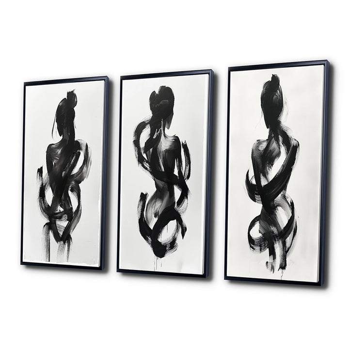 Modern Canvas Wall Art Set of 3 - Black And White Minimal Woman Silhouette I