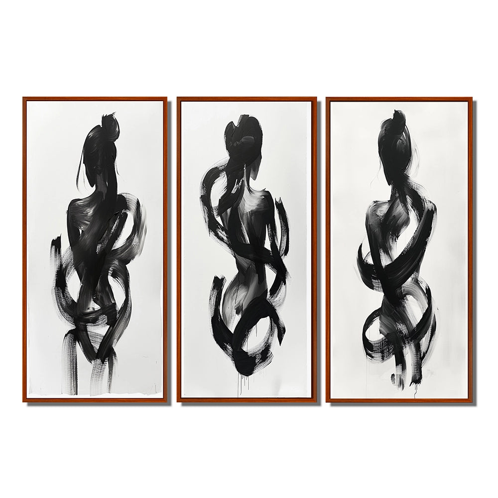 Modern Canvas Wall Art Set of 3 - Black And White Minimal Woman Silhouette I