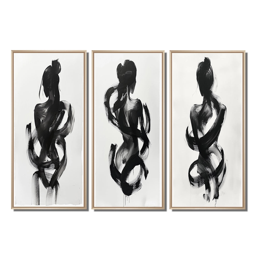 Modern Canvas Wall Art Set of 3 - Black And White Minimal Woman Silhouette I
