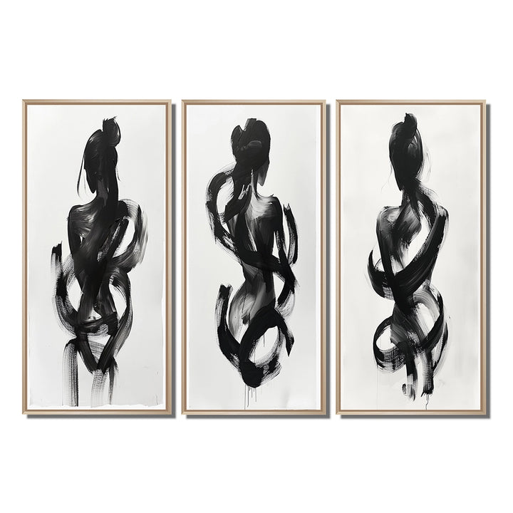 Modern Canvas Wall Art Set of 3 - Black And White Minimal Woman Silhouette I