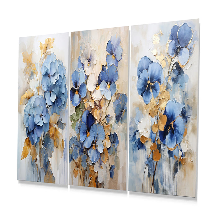 Pansies Metal Wall Art Set of 3- Blue And Gold Minimalism Pansy Radiance Bouquet
