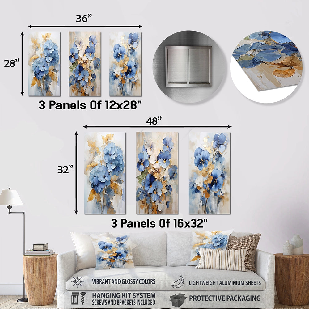 Pansies Metal Wall Art Set of 3- Blue And Gold Minimalism Pansy Radiance Bouquet