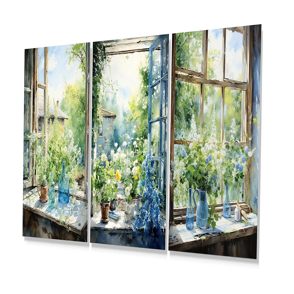 Traditional Metal Wall Art - Green And Blue Countryside Window Charm II - 3 Pieces