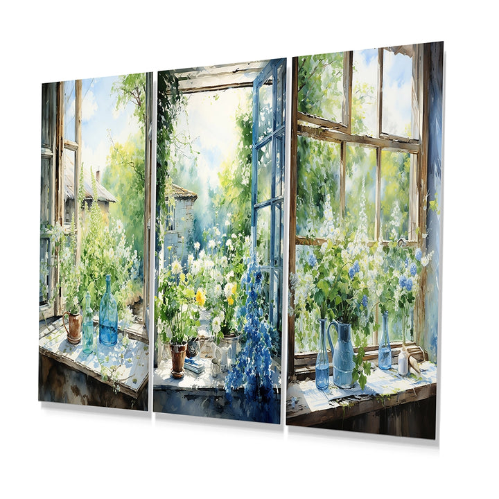 Traditional Metal Wall Art - Green And Blue Countryside Window Charm II - 3 Pieces