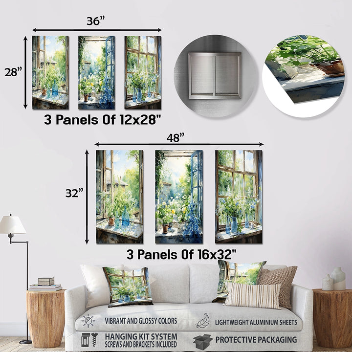 Traditional Metal Wall Art - Green And Blue Countryside Window Charm II - 3 Pieces