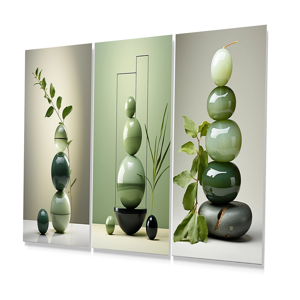 Spiritual Stone Metal Wall Decor - Green Zen Spiritual Stone I - 3 Pieces