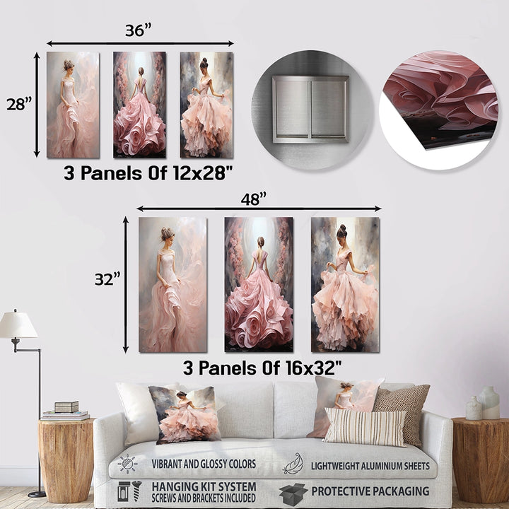 Abstract Spirals Metal Wall Art Set - Pink And White Woman Ballet Solitude I - 3 Pieces