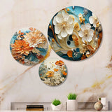 Modern Metal Wall Art Set - Orange White and Teal Botanical Whirlwind I - 3 Pieces