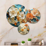 Modern Metal Wall Art Set - Orange White and Teal Botanical Whirlwind I - 3 Pieces
