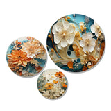 Modern Metal Wall Art Set - Orange White and Teal Botanical Whirlwind I - 3 Pieces