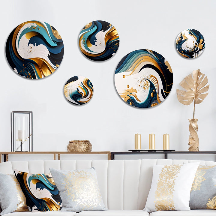 Modern Shapes Transitional Metal Wall Art - Blue And Gold Modern Art Absract Painting - 5 Pieces