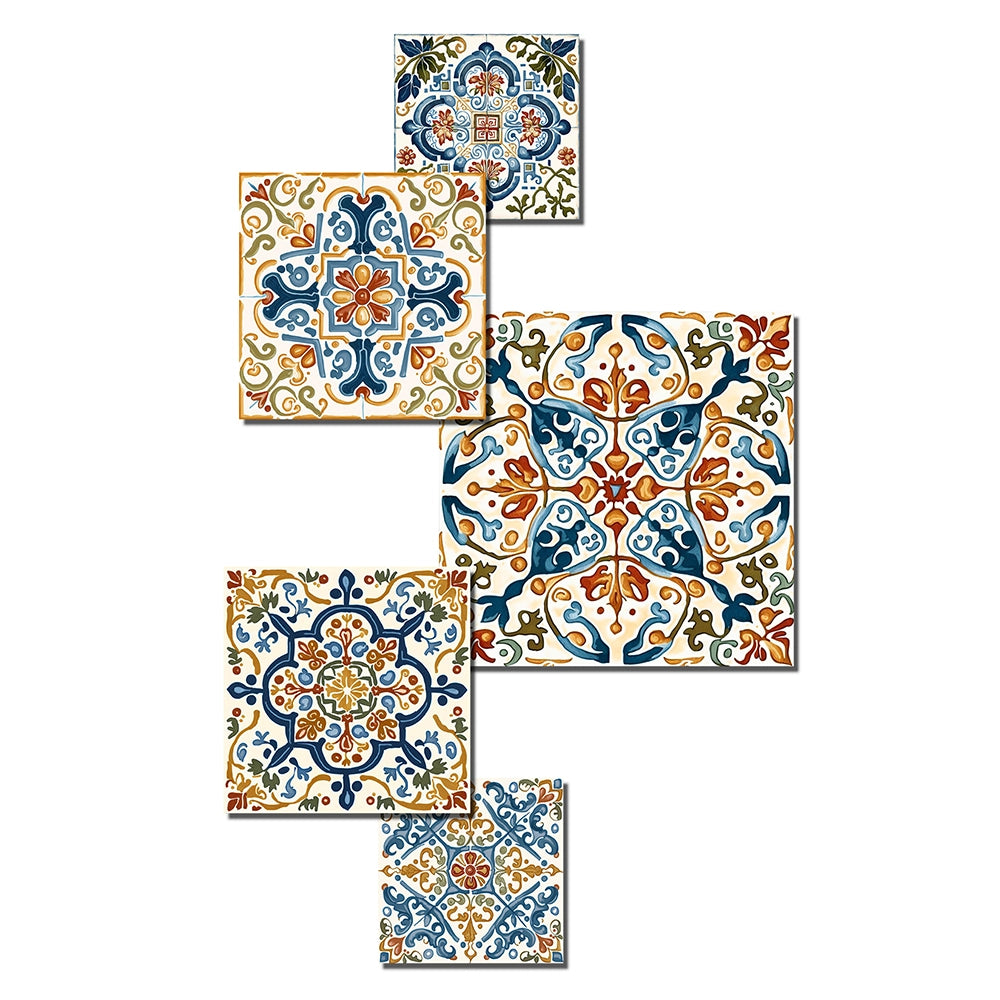 Transitional Metal Wall Art Set - Mediterranean Tiles in Retro Blue I - 5 Pieces