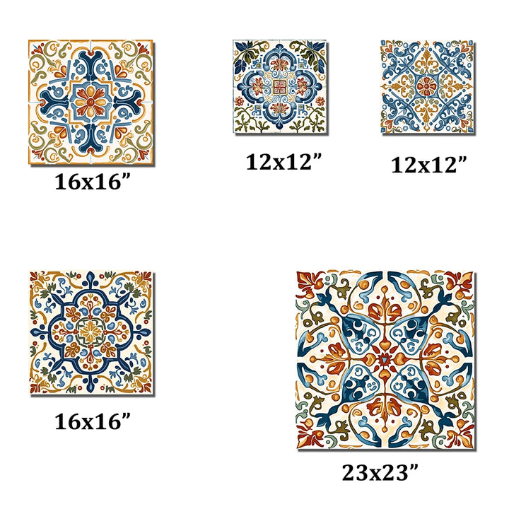 Transitional Metal Wall Art Set - Mediterranean Tiles in Retro Blue I - 5 Pieces