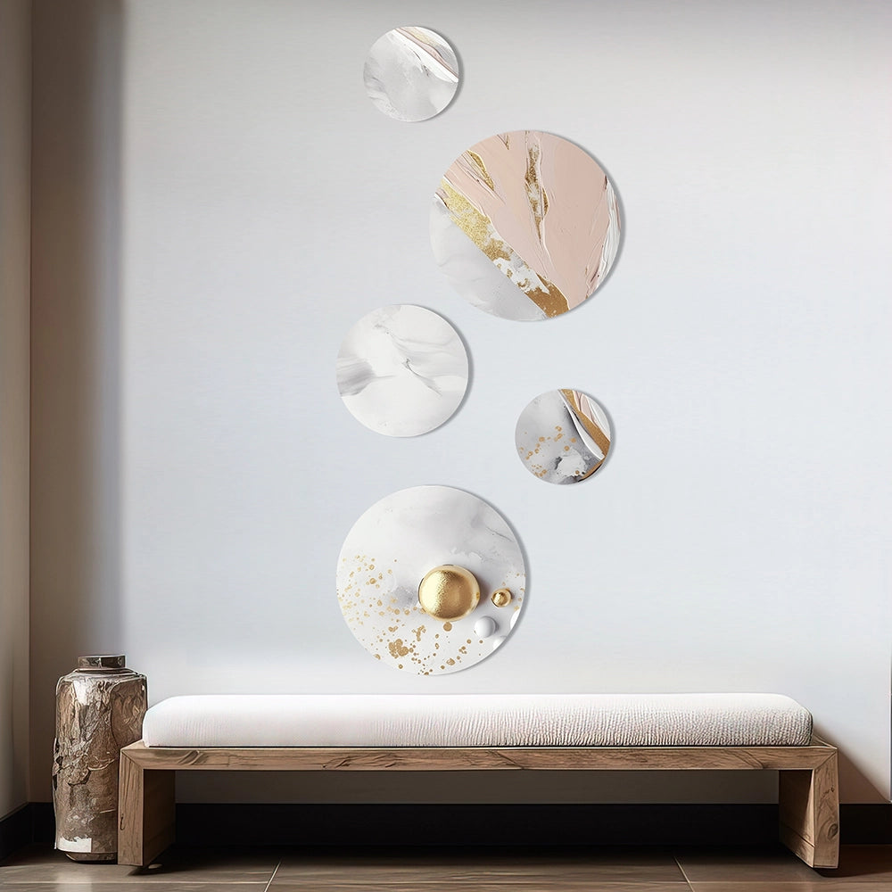 Modern Metal Wall Art Set - White and Gold Mysterious Mable - 5 Pieces