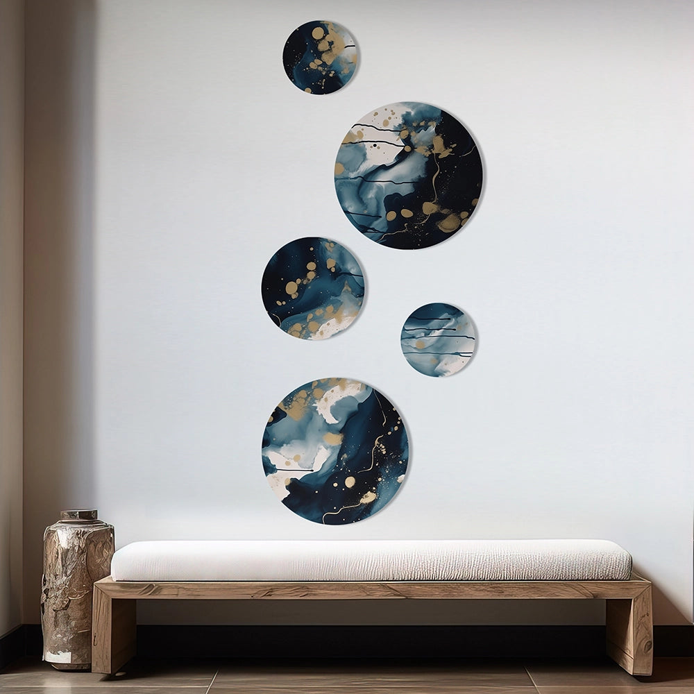Abstract Liquid Ink Metal Wall Art Set of 5- Blue And White Abstracted Liquid Art I