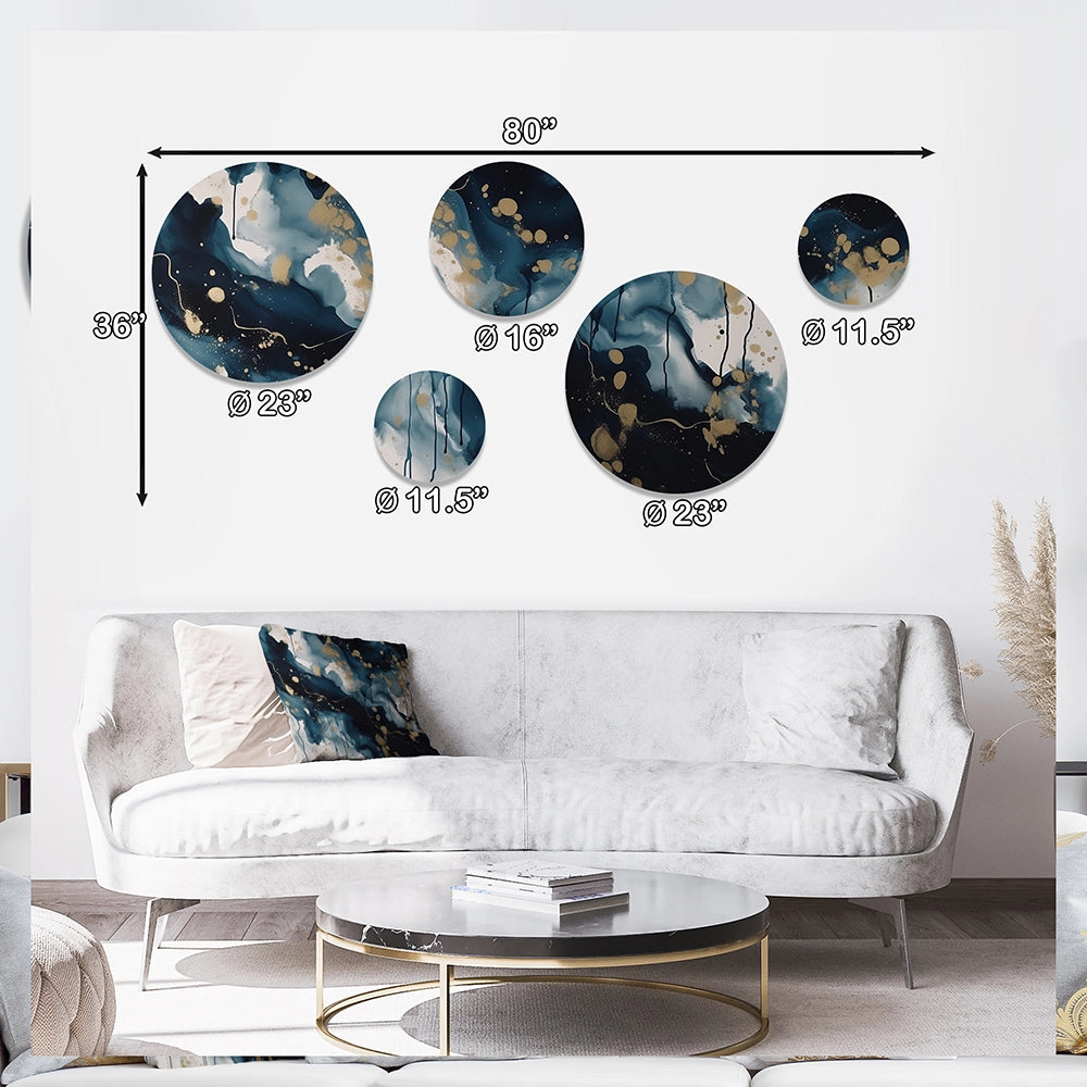Abstract Liquid Ink Metal Wall Art Set of 5- Blue And White Abstracted Liquid Art I