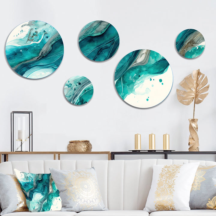 Modern Metal Wall Art - 5 Turquoise Waves In Paradise V - 5 Pieces