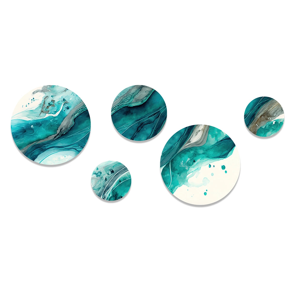 Modern Metal Wall Art - 5 Turquoise Waves In Paradise V - 5 Pieces