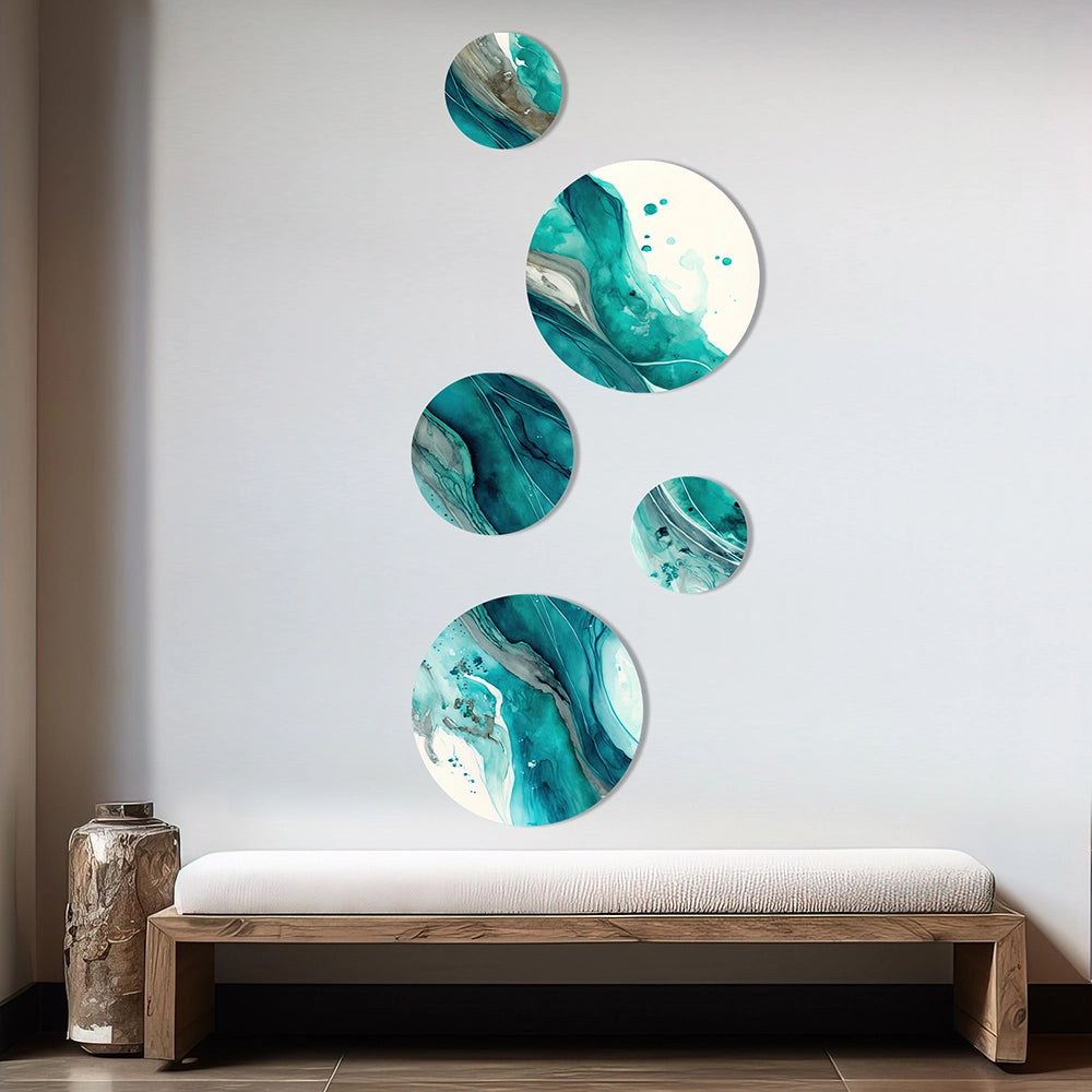 Modern Metal Wall Art - 5 Turquoise Waves In Paradise V - 5 Pieces