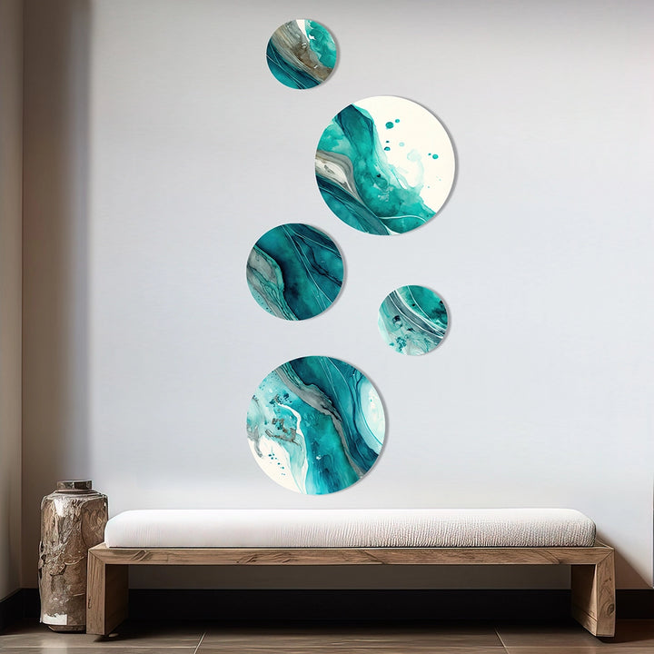 Modern Metal Wall Art - 5 Turquoise Waves In Paradise V - 5 Pieces
