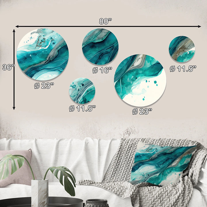 Modern Metal Wall Art - 5 Turquoise Waves In Paradise V - 5 Pieces