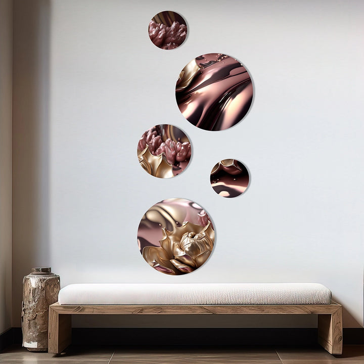 Floral Metal Wall Decor - Pink And Gold Glam Flowers V - 5 Pieces