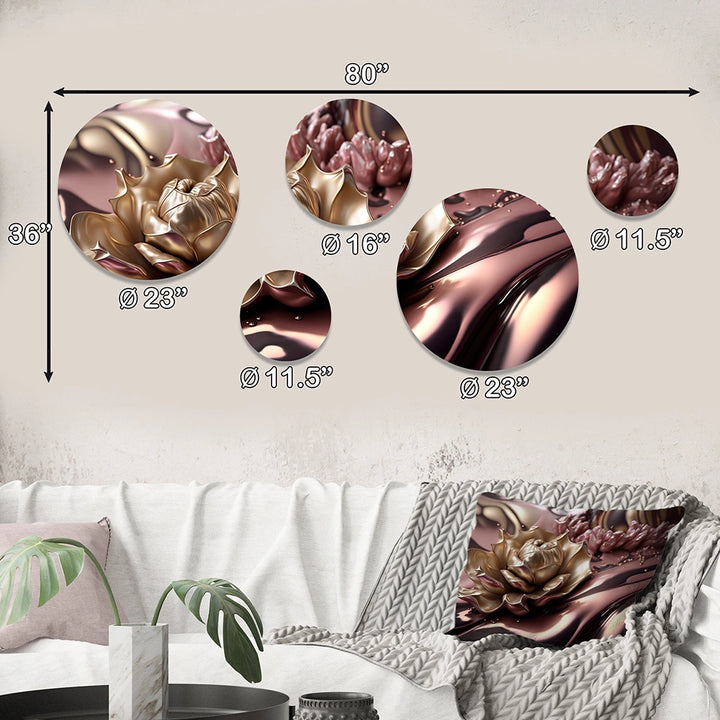 Floral Metal Wall Decor - Pink And Gold Glam Flowers V - 5 Pieces