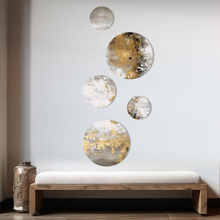 Abstract Painting Metal Wall Art Set - Gold and White Marble Abstract - 5 Pieces