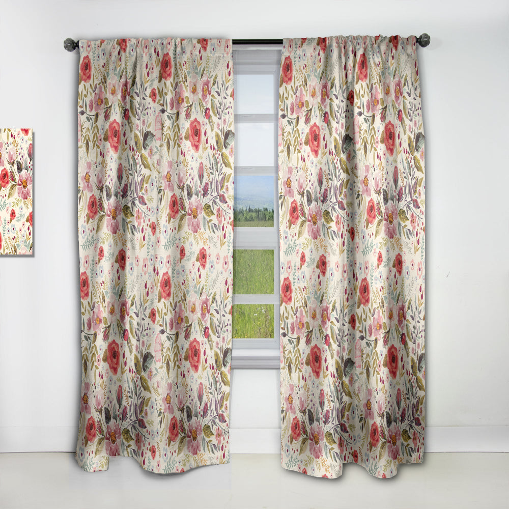 Vintage Red Pink Flower and Leaves - Rustic Curtain - 1 Panel
