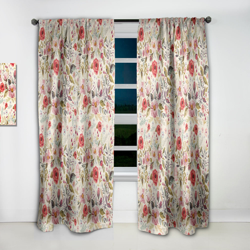 Vintage Red Pink Flower and Leaves - Rustic Curtain - 1 Panel