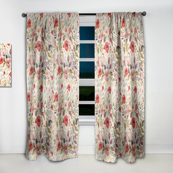 Vintage Red Pink Flower and Leaves - Rustic Curtain - 1 Panel