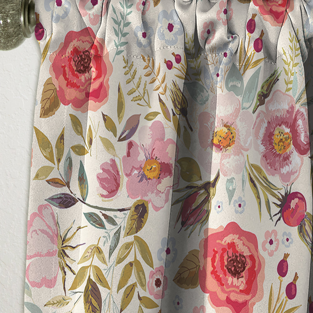Vintage Red Pink Flower and Leaves - Rustic Curtain - 1 Panel
