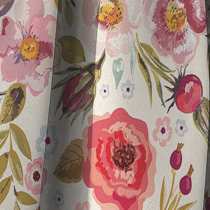 Vintage Red Pink Flower and Leaves - Rustic Curtain - 1 Panel