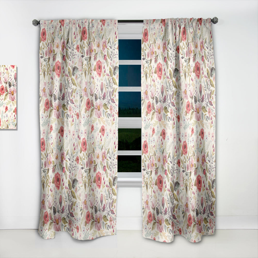 Vintage Red Pink Flower and Leaves - Rustic Curtain - 1 Panel