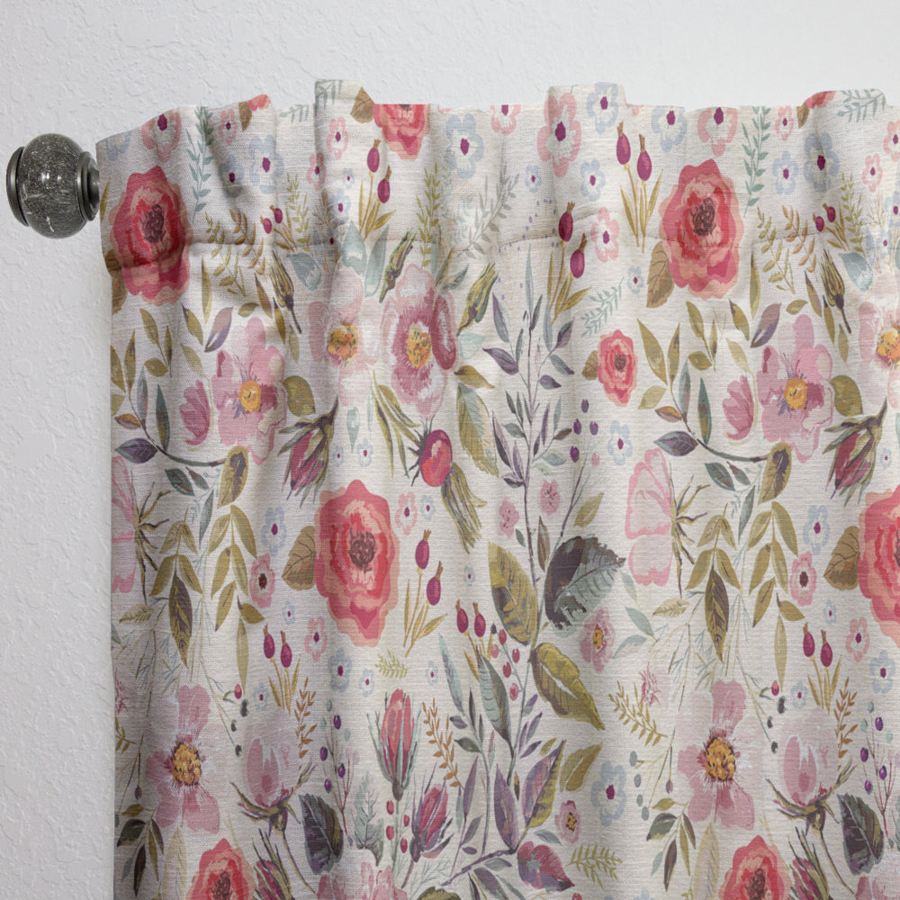 Vintage Red Pink Flower and Leaves - Rustic Curtain - 1 Panel