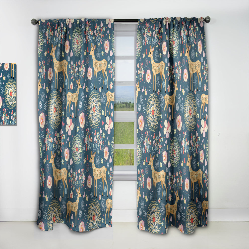 Deer with Flowers and Hearts Antlers - Floral Curtain - 1 Panel