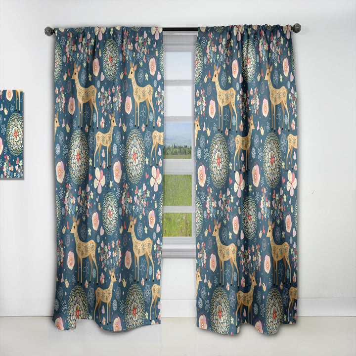 Deer with Flowers and Hearts Antlers - Floral Curtain - 1 Panel