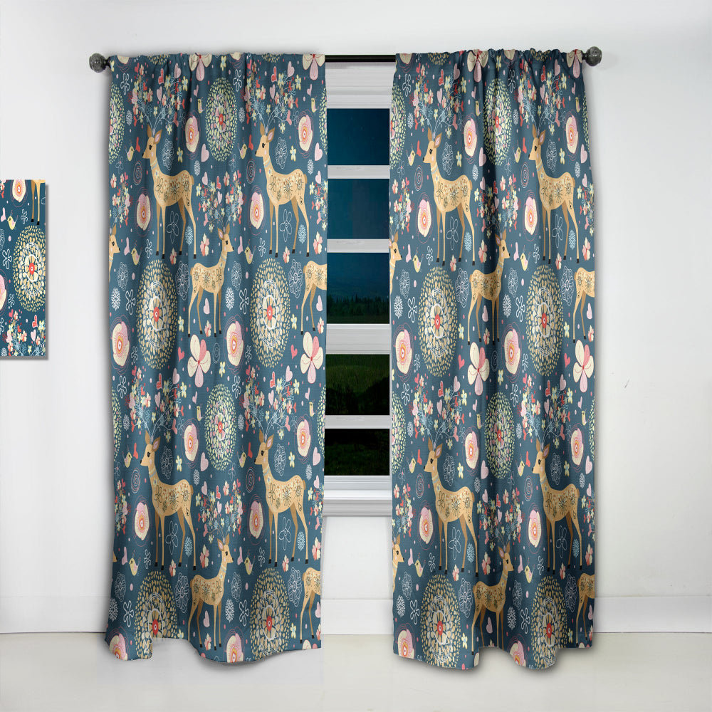 Deer with Flowers and Hearts Antlers - Floral Curtain - 1 Panel