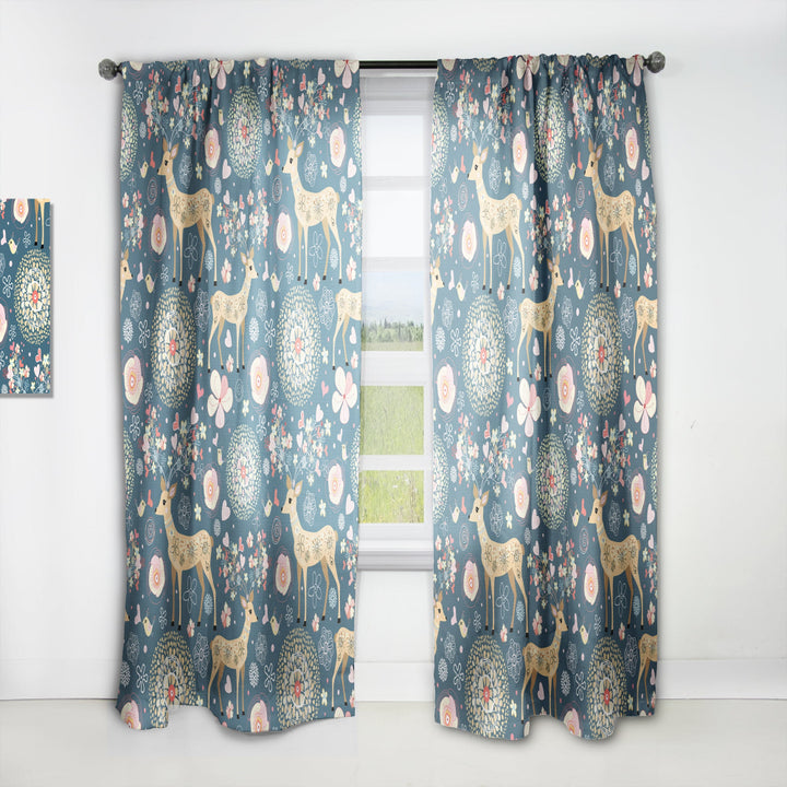 Deer with Flowers and Hearts Antlers - Floral Curtain - 1 Panel